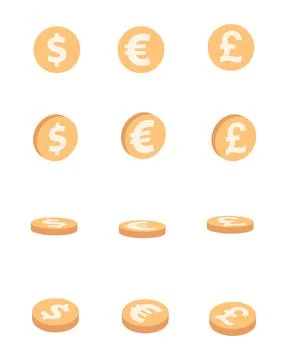 Vector set of dollar, euro and pound sterling coins in flat style. Finance an Stock Illustration