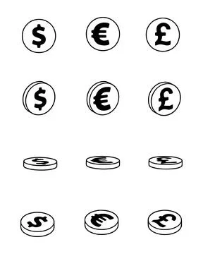 Vector set of dollar, euro and pound sterling coins in doodle style. Finance  Stock Illustration