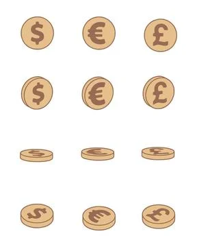  Vector set of dollar, euro and pound sterling coins in cartoon style. Fin... Stock Photos