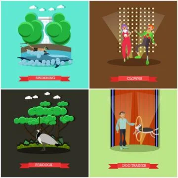 Vector set of dolphinarium and circus show posters, flat style Stock Illustration
