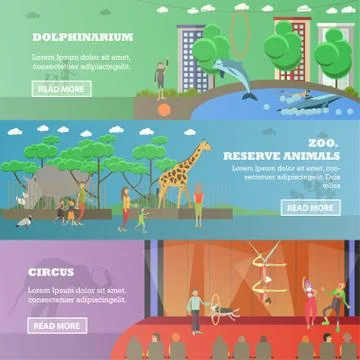 Vector set of dolphinarium, circus and zoo flat horizontal banners Illustrazione stock