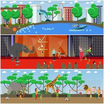 Vector set of dolphinarium, circus and zoo flat posters, banners Illustrazione stock