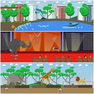 Vector set of dolphinarium, circus and zoo interior flat posters Stockillustratie