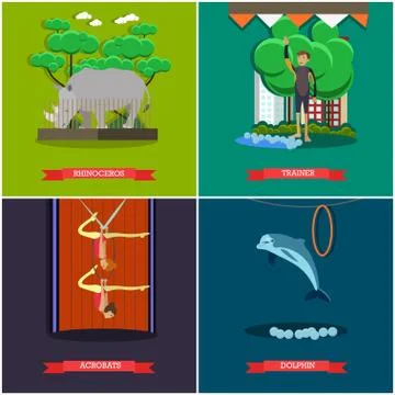 Vector set of dolphinarium, zoo and circus posters, flat style Illustrazione stock