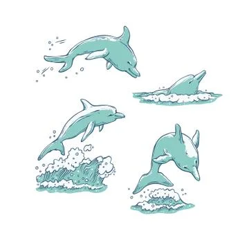 Vector set dolphins jumping dive and swim. Monochrome sketch sea animals Stock Illustration