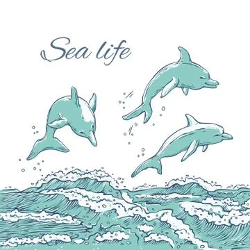 Vector set dolphins jumping dive on waves sea ocean. Monochrome sketch sea Stock Illustration