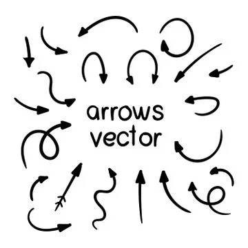 Vector set of doodle arrows on white background. Handmade by brush and pencil. Stock Illustration
