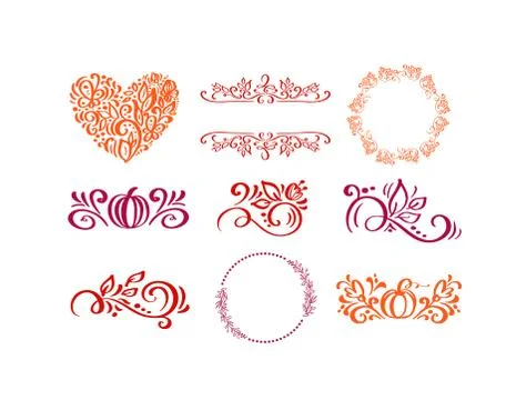 Vector set of doodle floral elements. Autumn flourish collection. Flower graphic Stock Illustration