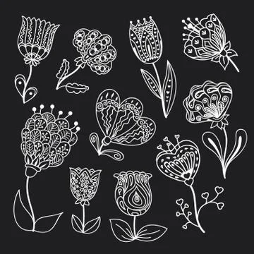 Vector set of doodle flowers Stock Illustration