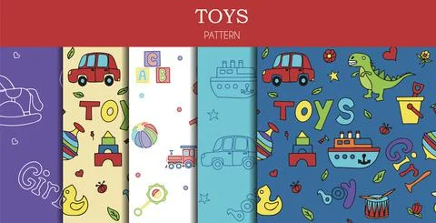 Vector set of doodle seamless pattern with toys. Hand draw collection of toys Stock Illustration