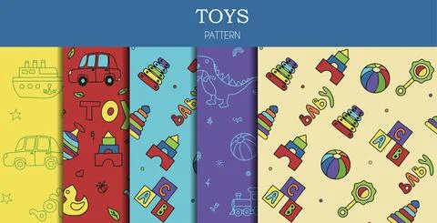 Vector set of doodle seamless pattern with toys. Hand draw collection of toys Stock Illustration