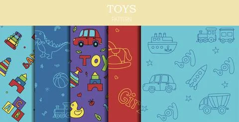 Vector set of doodle seamless pattern with toys. Hand draw collection of toys Stock Illustration