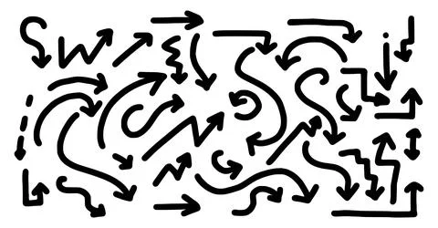 Vector set of doodle style arrows isolated on white background. Glyph vector  Stock Illustration