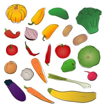 Vector set of Doodle vegetables with a contour Stock Illustration