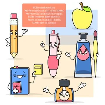 Vector set of drawing and painting items. Pen, pencil, paints, brush in cartoon Stock Illustration