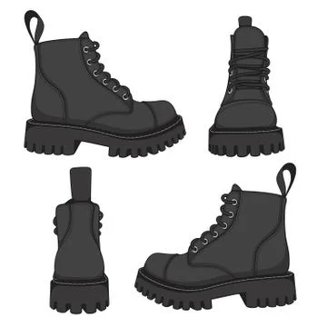 Vector set of drawings with black boots. Isolated objects on a white. Stock Illustration