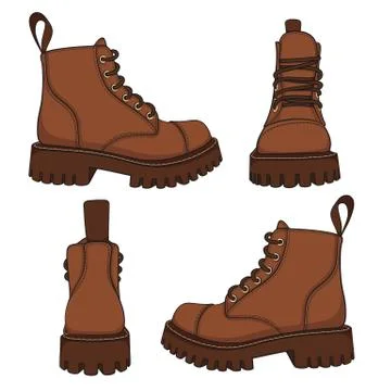 Vector set of drawings with brown boots. Isolated objects. Stock Illustration