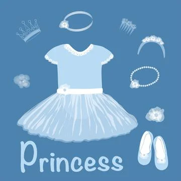 Vector set of dresses, head ornaments for girls with the inscription Princess Stock Illustration