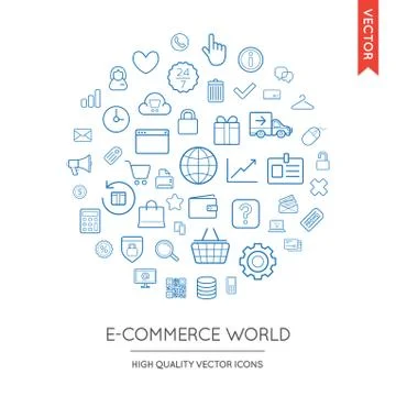 Vector Set of E-Commerce Modern Flat Thin Icons Inscribed in Round Shape Stock Illustration