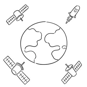 Vector set of earth, rocket and satellite Stock Illustration