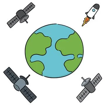 Vector set of earth, rocket and satellite Stock Illustration