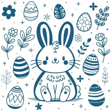 Vector Set of Easter design elements. Eggs, rabbit, flowers, branches, basket 库存插图