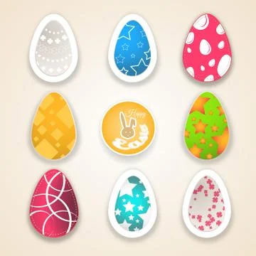Vector set of Easter eggs different colors and pattern cut from paper on th.. Stock Illustration