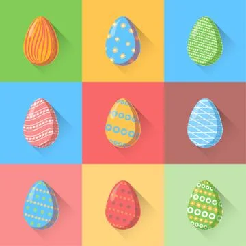 Vector set of Easter eggs with different patterns and shadows in the flat d.. Illustrazione stock