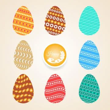 Vector set of Easter eggs different colors and patterns on the light gradie.. Stock Illustration