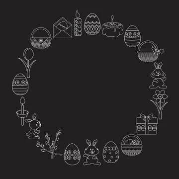 Vector set of Easter white linear icons on black. Illustrazione stock