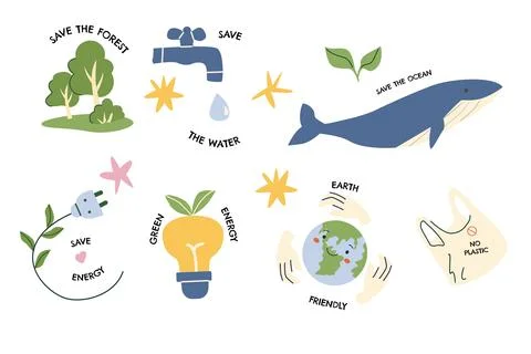 Vector set of eco stickers and quotes in cartoon flat style. Save the ocean Stock Illustration