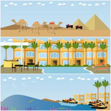 Vector set of egyptian resorts and famous places flat posters Stock Illustration