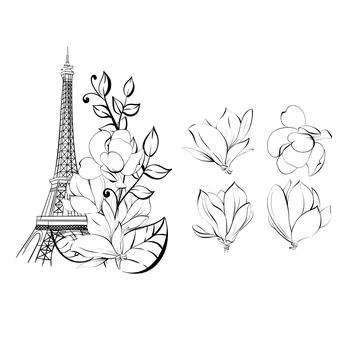 Vector set of Eiffel Tower and flower. Magnolia springtime romantic in Paris for Illustrazione stock