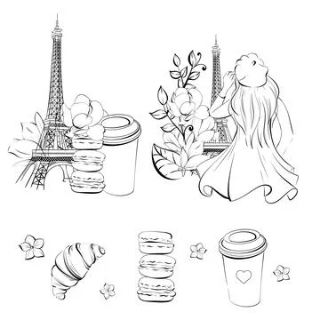 Vector set with Eiffel Tower, Parisian woman, Paper cup of coffee, sweet deserts イラスト素材