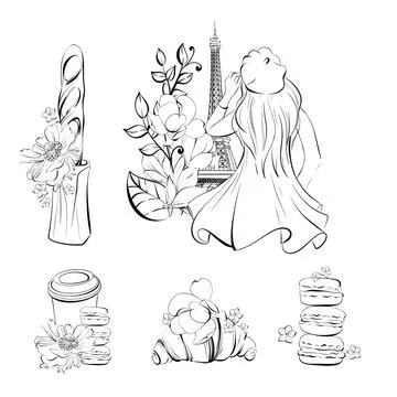 Vector set with Eiffel Tower, Parisian woman, Paper cup of coffee, sweet deserts Stock-Illustration