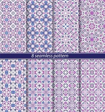 Vector set of eight seamless abstract patterns in ethnic style. 스톡 일러스트