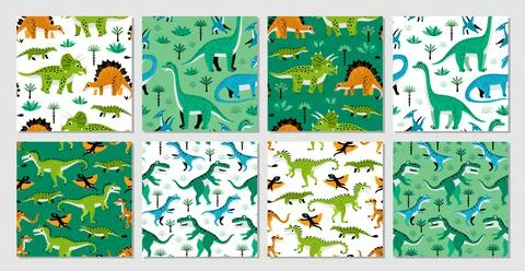 Vector set of eight seamless patterns with dinosaurs, vector design Stockillustratie