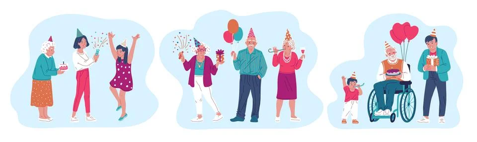 Vector set with elderly people celebrate their birthday on a white background Stock Illustration