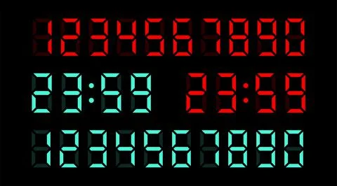Vector set of electronic digits numbers font from a clock and a countdown tim Stock Illustration