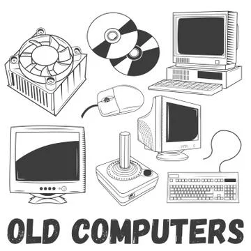 Vector set of electronic products and old computers objects in vintage style Stock Illustration