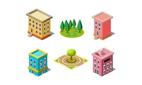 Vector set of elements for city constructor. Modern buildings, green trees for Stock Illustration
