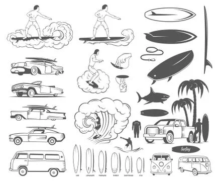 Vector Set Elements of Surfing and Extreme Sports Illustrazione stock