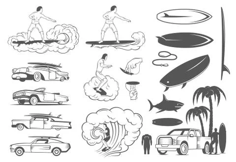 Vector Set Elements of Surfing and Extreme Sports Stock Illustration