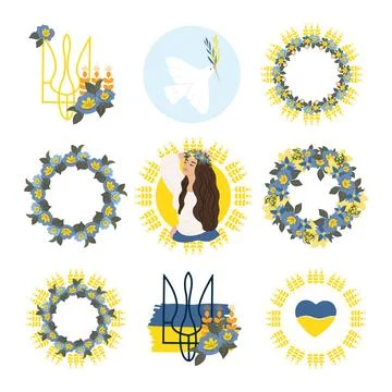 Vector set of elements with Ukrainian symbols, a dove of peace, a coat of arms Stock Illustration