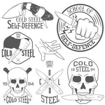 Vector set of emblems with human skull and knife. Illustration in vintage Stock Illustration