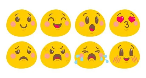 Vector set of emoji in cute kawaii flat design style. Vector smiles in flat.. Иллюстрация