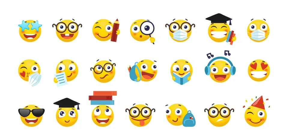 Vector set of emoji for school and education. Round yellow emoticons with dif Stock Illustration