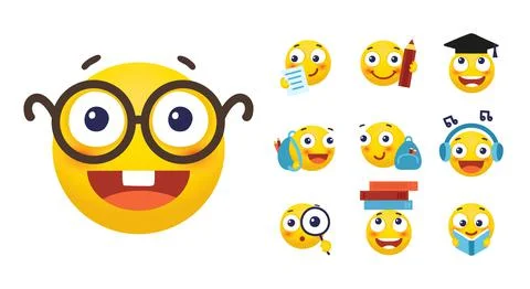 Vector set of emoji for school and education. Round yellow emoticons with dif Stock Illustration