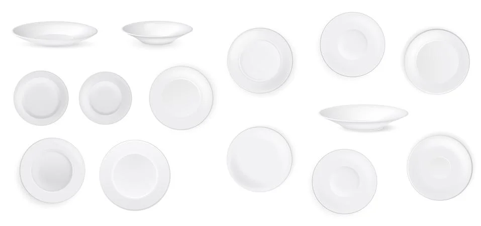 Vector set of empty white ceramic plates, round dishes realistic mockup Stock Illustration