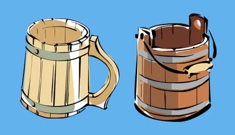 Vector set of empty wooden objects on a colored background. Mug and bucket. Stock Illustration